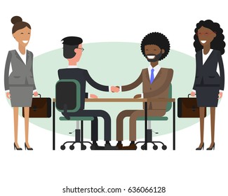People at work with handshaking and secretaries on white background. Handshake of two businessmen behind a desk.