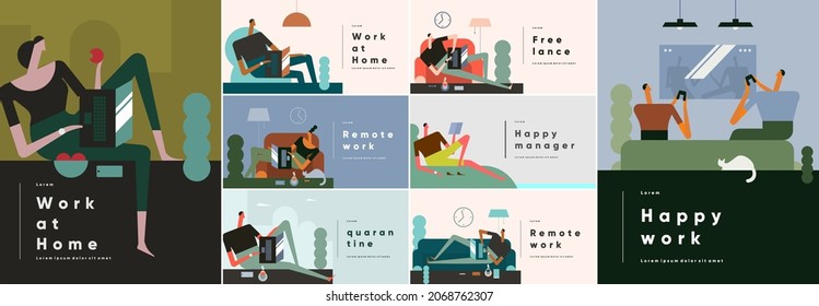 People work at home. Big set. Collection of vector illustrations. Simple, flat design. Patterns and backgrounds. Perfect for poster, cover, banner.