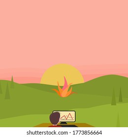People work at home with countryside landscape in autumn nature environment with abstract background vector illustration scenery colorful 
