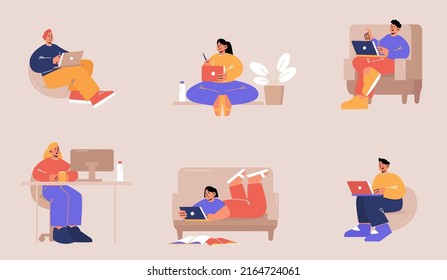 People work at home in different poses. Concept of freelance, remote job, online learning. Vector flat illustration with characters with laptop work or study sitting at desk, in chair, lying on couch