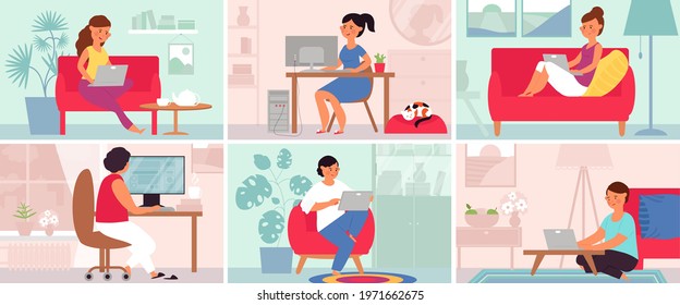 People work from home. Freelance working, cat sleep near owner. Female distance business, student computer school. Remote job decent vector scenes