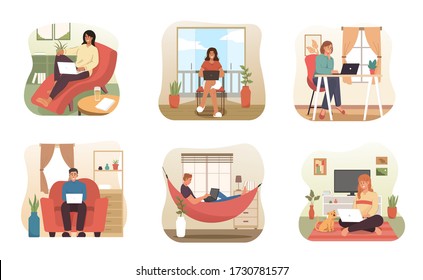 People work from home. Freelancer character working on laptop at home. Comfortable workplace