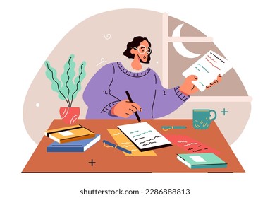 People work home office at night desk concept. Vector graphic design illustration