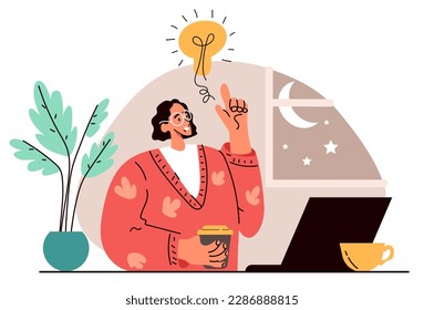 People work home office at night desk concept. Vector graphic design illustration