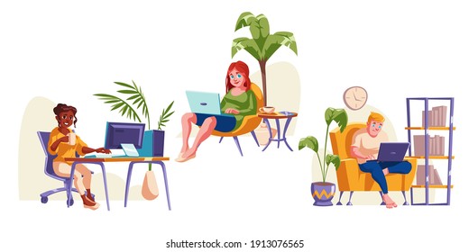 People work at home office, sitting in chair with laptop. Concept of comfortable workplace for freelance, remote job, distant study. Vector cartoon freelancers isolated on white background