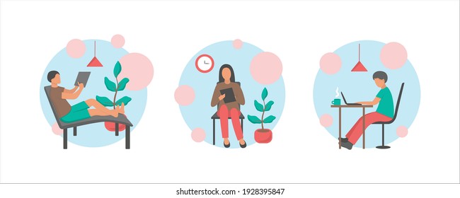 La gente trabaja en una ilustración plana vectorial de oficina en casa. Caracter independiente trabajando desde su lugar de trabajo. Jóvenes independientes que trabajan en laptops.