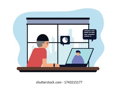 People work from home with online web conference meeting chat on computer laptop.