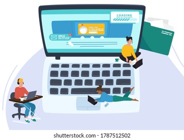 La gente trabaja en la ilustración de un vector doméstico. Caricatura de una diminuta mujer, hombre independiente, personajes remotos trabajando en una laptop, sentados o tendidos en poses acogedoras. Lugar de trabajo en el hogar, concepto de empleo independiente moderno