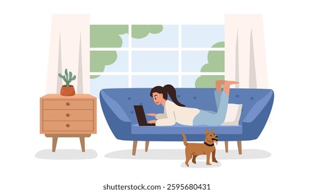 People work from home. Woman work on the cozy sofa. Girl work from anywhere. Home office. Desk beside sofa. Living room chair. Window. Woman with dog in the home.