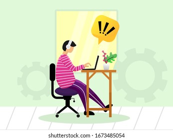 People work from home. Working at home, coworking space, concept illustration. Young people, mаn and womаn freelancers working on laptops and computers at home. Vector flat style illustration