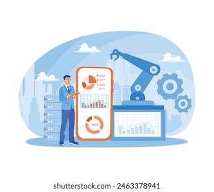 People work in industrial factories with intelligent intelligence technology. Industry 4.0 equipment maintenance. Smart industry concept. Flat vector illustration.