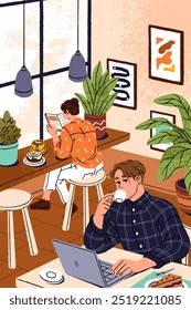 People work inside coffeehouse poster. Man with laptop drinks cup of coffee in cafe. Young woman with beverage, dessert reading book in cafeteria. Coffeeshop interior. Flat vector illustration.