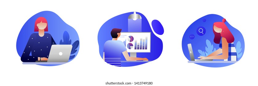 People work and interacting with graphs and devices. Data analysis and office situations. 3D Isometric vector illustrations. Can use for mobile application templates, banner, flyer, web page.