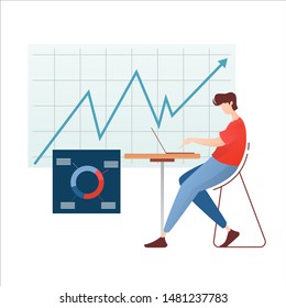 People work and interacting with graphs and devices, Modern data analysis, finance statistic, data come out from Laptop, flat style illustration