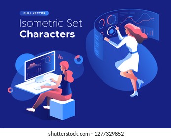 People work and interacting with graphs, icons and devices. Data analysis and office situations. 3D Isometric vector illustration set. Mobile application and website header images on dark background.