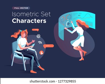 People work and interacting with graphs, icons and devices. Data analysis and office situations. 3D Isometric vector illustration set. Mobile application and website header images on dark background.