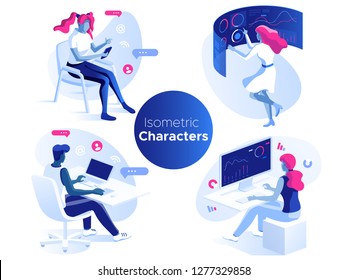 People work and interacting with graphs, icons and devices. Data analysis and office situations. 3D Isometric vector illustration set. Mobile application and website header images on white background.