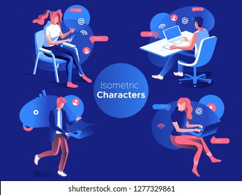 People work and interacting with graphs, icons and devices. Data analysis and office situations. 3D Isometric vector illustration set. Mobile application and website header images on dark background.