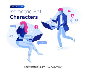 People work and interacting with graphs, icons and devices. Data analysis and office situations. 3D Isometric vector illustration set. Mobile application and website header images on white background.