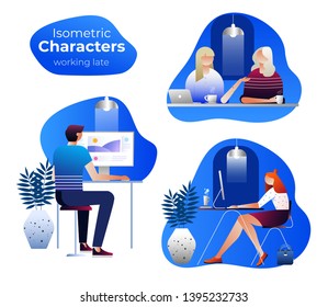 People work and interacting with graphs, icons and devices. Data analysis and office situations. 3D Isometric vector illustration set. Mobile application and website header images on white background