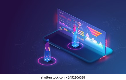 People work and interacting with graphs, icons and devices. Application of Smartphone with business graph and analytics data on isometric mobile phone. Mobile application and website header images.