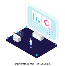 People work and interacting with graphs, icons and devices. Data analysis and office situations. 3D Isometric vector illustration set. Mobile application and website header images on white background.