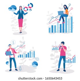 People work and interacting with graphs, icons and devices. Businessman, businesswoman working. Data analysis and office situations. Vector illustration for web banner, infographics, mobile.