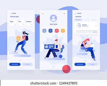 People work and interacting with graphs, shapes and devices. Data analysis and office situations. Flat vector illustration. Mobile application template.