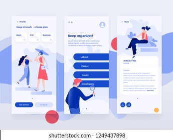 People work and interacting with graphs, shapes and devices. Data analysis and office situations. Flat vector illustration. Mobile application template.