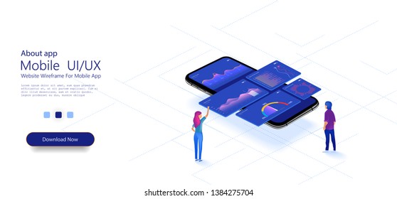 People work and interacting with  graphs with smartphone. Data visualization concept.  Isometric illustration