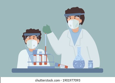 People work in the lab. Professional laboratory of virus research. Test tubes, Viruses, syringes, Flasks, Microscopes, and blood. Vector illustration of blood diagnostics. . Vector illustration