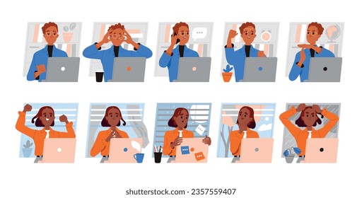 People work laptops set. Young man and woman sitting at desk in office or home and use gadgets to negotiate with customers. Business strategy concept. Cartoon flat vector isolated on white background