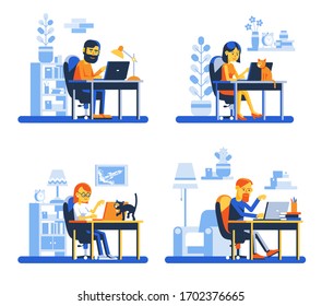 People work with laptops sitting at the table. Men and women online workers with computers. Vector illustration.