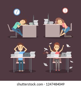 People work late at night set. Tired offcie character sleeping at the workplace. Idea of deadline. Flat vector illustration