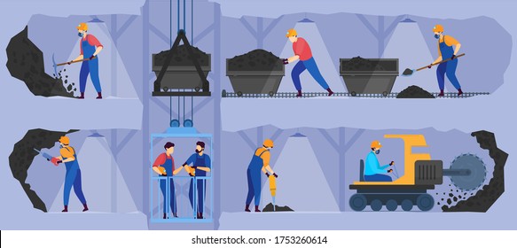 People work in mine industry vector illustration. Cartoon flat man miner character group in uniform working in underground tunnels, industrial process for coal extraction, mining business background