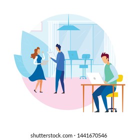 People Work in Modern Technology Office with Eco Friendly Design Interior. Flat Cartoon Man and Woman Discussing Project Holding Tablets. Guy Sitting at Table and Typing on Laptop. Vector Illustration