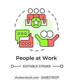 People at work multi color concept icon. Communication, teamwork. Workflow organization, collaboration. Round shape line illustration. Abstract idea. Graphic design. Easy to use in article, blog post