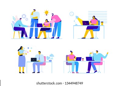 People work in office, business meeting. Office desk table and workplace. Cartoon style, flat vector illustration isolated on white background.