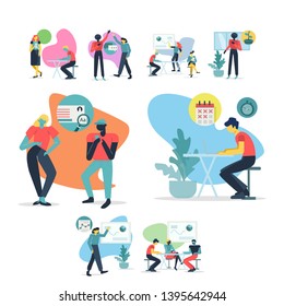 People at work in office. Collection of office workers in various situations. Business and communication related vector illustrations set in flat modern style.