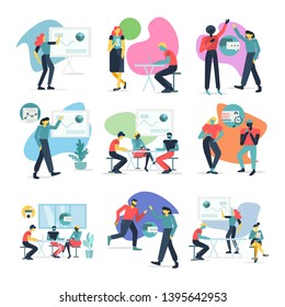 People at work in office. Collection of office workers in various situations. Business and communication related vector illustrations set in flat modern style.