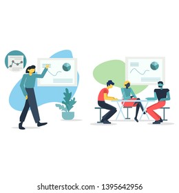 People at work in office. Collection of office workers in various situations. Business and communication related vector illustrations set in flat modern style.