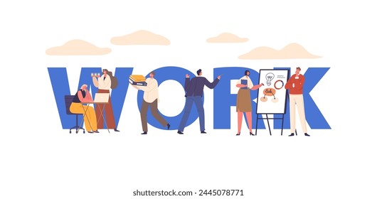 Las Personas Funcionan En Office Concept. Personajes Colaborar, Asistir A Reuniones Y Utilizar Equipos Para Realizar Tareas