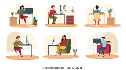 People work in the office concept. Men and women sit at computers at their workplaces and run errands. Remote work from home or freelance. Cartoon flat vector set isolated on a white background