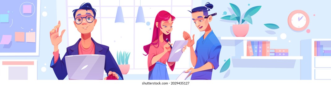 People work in office. Concept of teamwork, modern workspace, creative staff. Vector cartoon illustration of team job with man with laptop and employees talk together