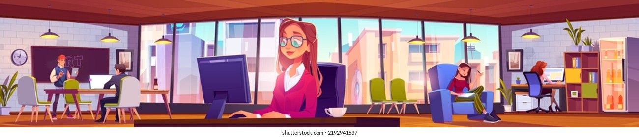 People Work In Office Or Coworking Area. Relaxed Creative Team Sitting At Desks And Armchairs In Modern Space With Wide Windows Developing Business Idea Or Project Cartoon Vector Illustration