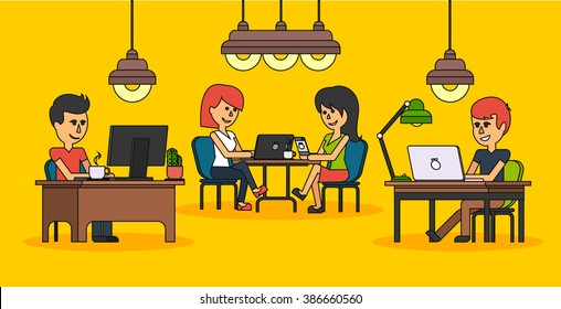 People work in office design flat. Work and man, woman and people, business woman, business man, computer worker, business office desk, businessman person, table and workplace people illustration