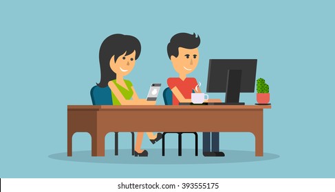 People work in office design flat. Business woman and man, computer worker, Office desk table and workplace. Guy girl sitting on chair at table in front of computer laptop monitor