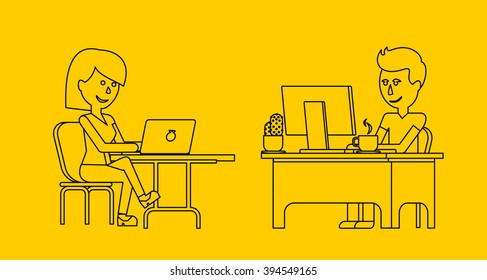 People work in office design flat. Business woman and man, computer worker, Office desk table and workplace. Guy girl sitting on chair at table in front of computer laptop monitor