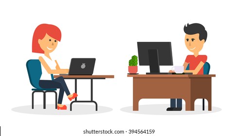 People Work In Office Design Flat. Business Woman And Man, Computer Worker, Office Desk Table And Workplace. Guy Girl Sitting On Chair At Table In Front Of Computer Laptop Monitor