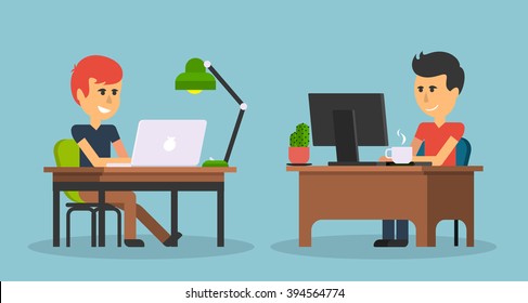 People work in office design flat. Business man, computer worker, Office desk table and workplace. Guy sitting on chair at table in front of computer laptop monitor and shining lamp